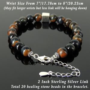 8mm Rare Mixed Blue Tiger Eye Healing Gemstone Bracelet with Minimal Geometric Balance Cube S925 Sterling Silver Chain & Clasp - Handmade by Gem & Silver BR1430