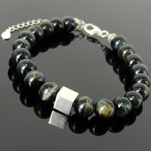 8mm Grade AAA Brown Blue Tiger Eye Healing Gemstone Bracelet with Minimal Geometric Balance Cube S925 Sterling Silver Chain & Clasp - Handmade by Gem & Silver BR1431