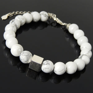 8mm White Howlite Healing Gemstone Bracelet with Minimal Geometric Balance Cube S925 Sterling Silver Chain & Clasp - Handmade by Gem & Silver BR1434
