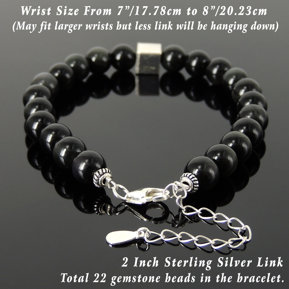 8mm Rainbow Black Obsidian Healing Gemstone Bracelet with Minimal Geometric Balance Cube S925 Sterling Silver Chain & Clasp - Handmade by Gem & Silver BR1435
