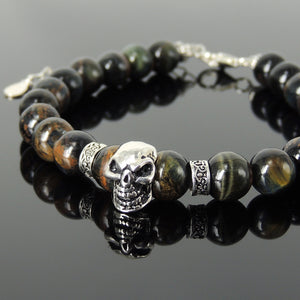 8mm Rare Mixed Blue Tiger Eye Healing Gemstone Bracelet with S925 Sterling Silver Bold Skull Charm, Chain, & Clasp - Handmade by Gem & Silver BR1436