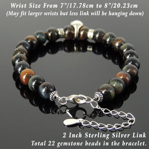 8mm Rare Mixed Blue Tiger Eye Healing Gemstone Bracelet with S925 Sterling Silver Bold Skull Charm, Chain, & Clasp - Handmade by Gem & Silver BR1436