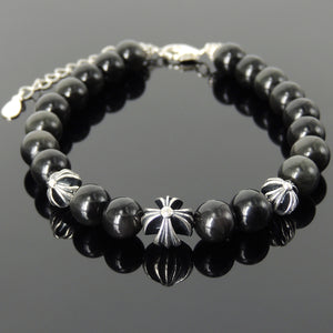 8mm Rainbow Black Obsidian Healing Gemstone Bracelet with S925 Sterling Silver Spiritual Cross Beads, Chain, & Clasp - Handmade by Gem & Silver BR1437