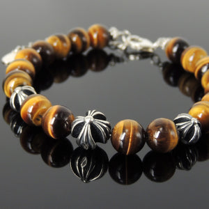 8mm Grade AAA Brown Tiger Eye Healing Gemstone Bracelet with S925 Sterling Silver Spiritual Cross Beads, Chain, & Clasp - Handmade by Gem & Silver BR1438
