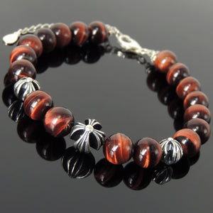 8mm Red Tiger Eye Healing Gemstone Bracelet with S925 Sterling Silver Spiritual Cross Beads, Chain, & Clasp - Handmade by Gem & Silver BR1439