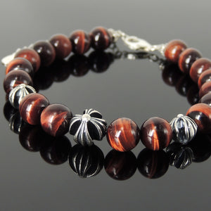 8mm Red Tiger Eye Healing Gemstone Bracelet with S925 Sterling Silver Spiritual Cross Beads, Chain, & Clasp - Handmade by Gem & Silver BR1439