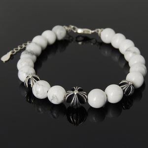 8mm White Howlite Healing Gemstone Bracelet with S925 Sterling Silver Spiritual Cross Beads, Chain, & Clasp - Handmade by Gem & Silver BR1443