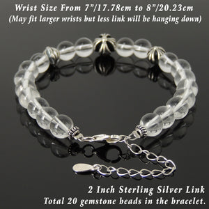 8mm White Crystal Quartz Healing Gemstone Bracelet with S925 Sterling Silver Spiritual Cross Beads, Chain, & Clasp - Handmade by Gem & Silver BR1444