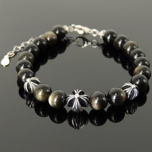 8mm Golden Obsidian Healing Gemstone Bracelet with S925 Sterling Silver Spiritual Cross Beads, Chain, & Clasp - Handmade by Gem & Silver BR1445