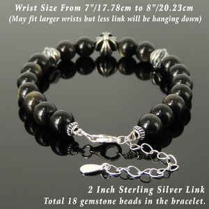 8mm Golden Obsidian Healing Gemstone Bracelet with S925 Sterling Silver Spiritual Cross Beads, Chain, & Clasp - Handmade by Gem & Silver BR1445