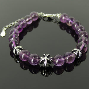 8mm Amethyst Crystal Healing Gemstone Bracelet with S925 Sterling Silver Spiritual Cross Beads, Chain, & Clasp - Handmade by Gem & Silver BR1446