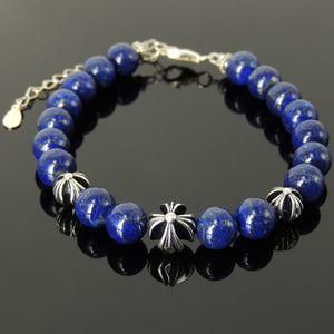 8mm Lapis Lazuli Healing Gemstone Bracelet with S925 Sterling Silver Spiritual Cross Beads, Chain, & Clasp - Handmade by Gem & Silver BR1448
