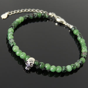 4mm Epidote Healing Gemstone Bracelet with S925 Sterling Silver Small Protection Skull Bead, Chain, & Clasp - Handmade by Gem & Silver BR1450
