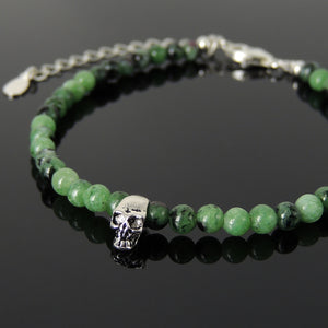 4mm Epidote Healing Gemstone Bracelet with S925 Sterling Silver Small Protection Skull Bead, Chain, & Clasp - Handmade by Gem & Silver BR1450