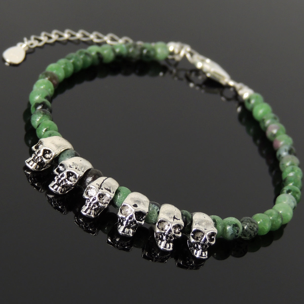 4mm Epidote Healing Gemstone Bracelet with S925 Sterling Silver Small Protection Skull Beads, Chain, & Clasp - Handmade by Gem & Silver BR1451