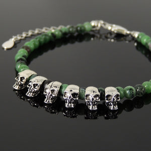4mm Epidote Healing Gemstone Bracelet with S925 Sterling Silver Small Protection Skull Beads, Chain, & Clasp - Handmade by Gem & Silver BR1451