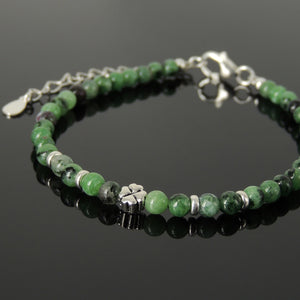 4mm Epidote Healing Gemstone Bracelet with S925 Sterling Silver Good Luck Charm Irish Clover, Chain, & Clasp - Handmade by Gem & Silver BR1453
