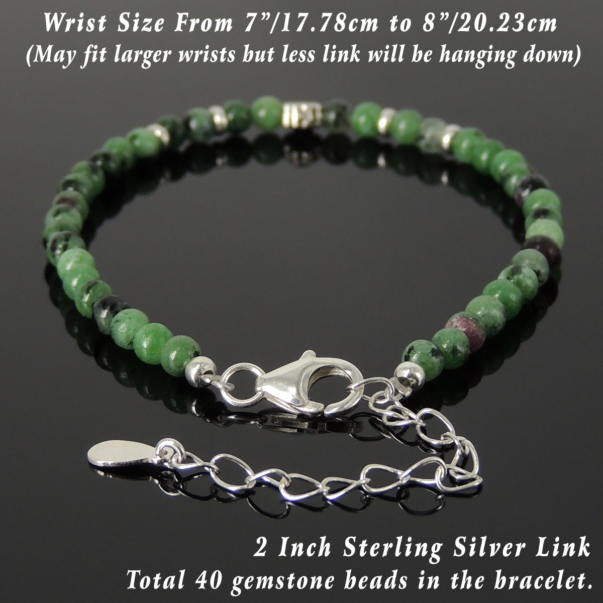 4mm Epidote Healing Gemstone Bracelet with S925 Sterling Silver Good Luck Charm Irish Clover, Chain, & Clasp - Handmade by Gem & Silver BR1453