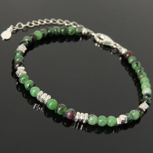4mm Epidote Healing Gemstone Bracelet with S925 Sterling Silver Nugget Spacer Beads, Chain, & Clasp - Handmade by Gem & Silver BR1454