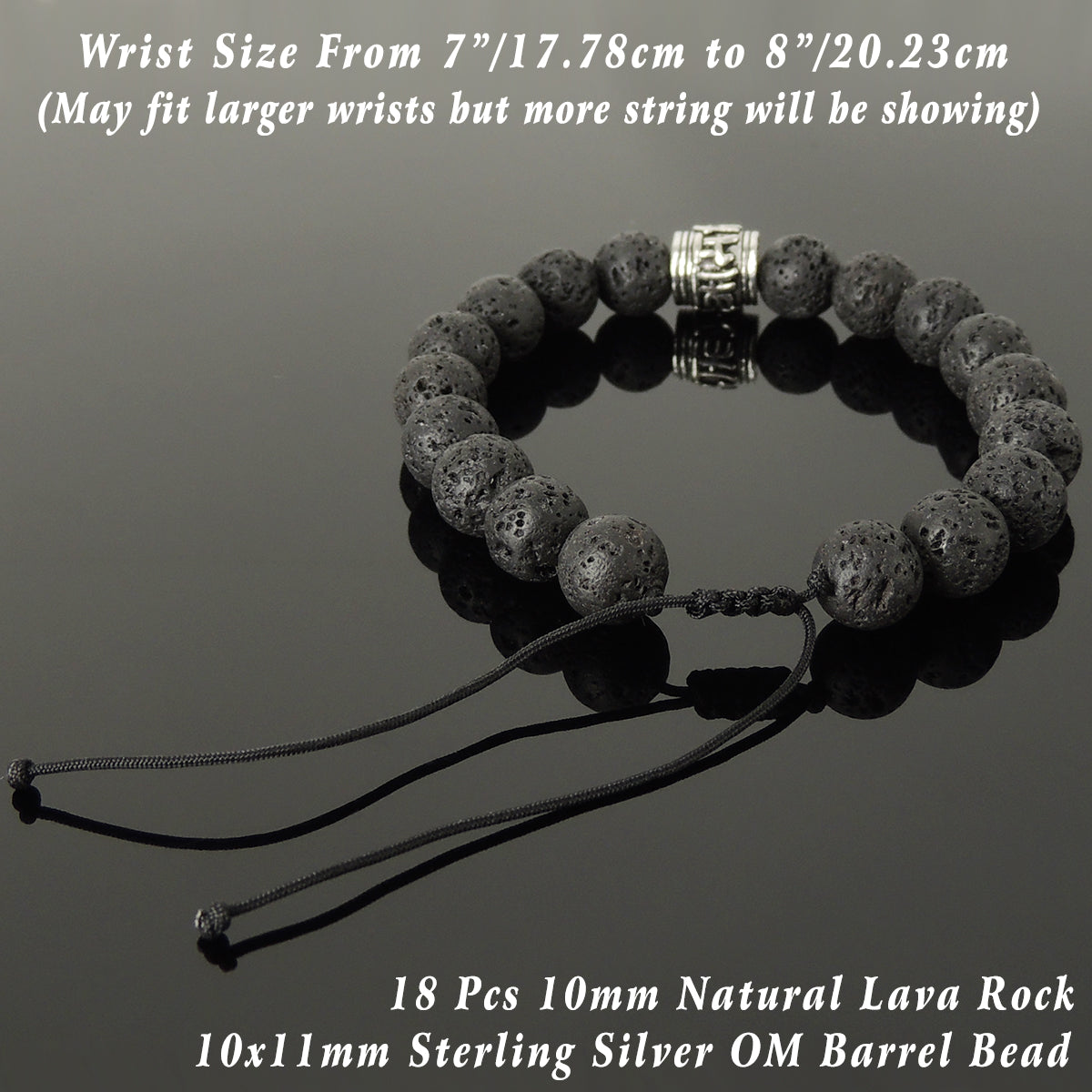 10mm Lava Rock Adjustable Braided Healing Stone Bracelet with S925 Sterling Silver Grounding Yogi Barrel Bead - Handmade by Gem & Silver BR1456