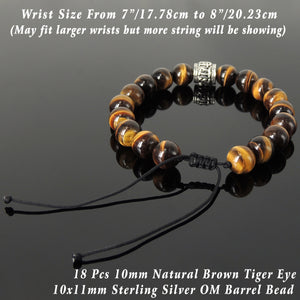 10mm Brown Tiger Eye Adjustable Braided Healing Gemstone Bracelet with S925 Sterling Silver Grounding Yogi Barrel Bead - Handmade by Gem & Silver BR1457