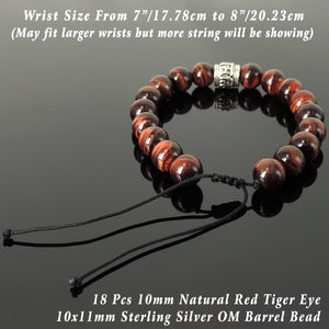 10mm Red Tiger Eye Adjustable Braided Healing Gemstone Bracelet with S925 Sterling Silver Grounding Yogi Barrel Bead - Handmade by Gem & Silver BR1458