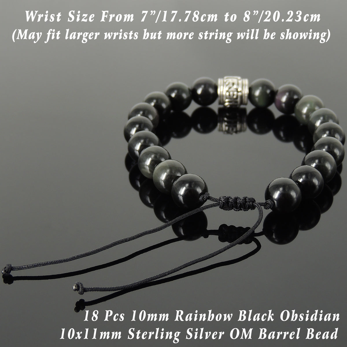 10mm Rainbow Black Obsidian Adjustable Braided Healing Gemstone Bracelet with S925 Sterling Silver Grounding Yogi Barrel Bead - Handmade by Gem & Silver BR1461