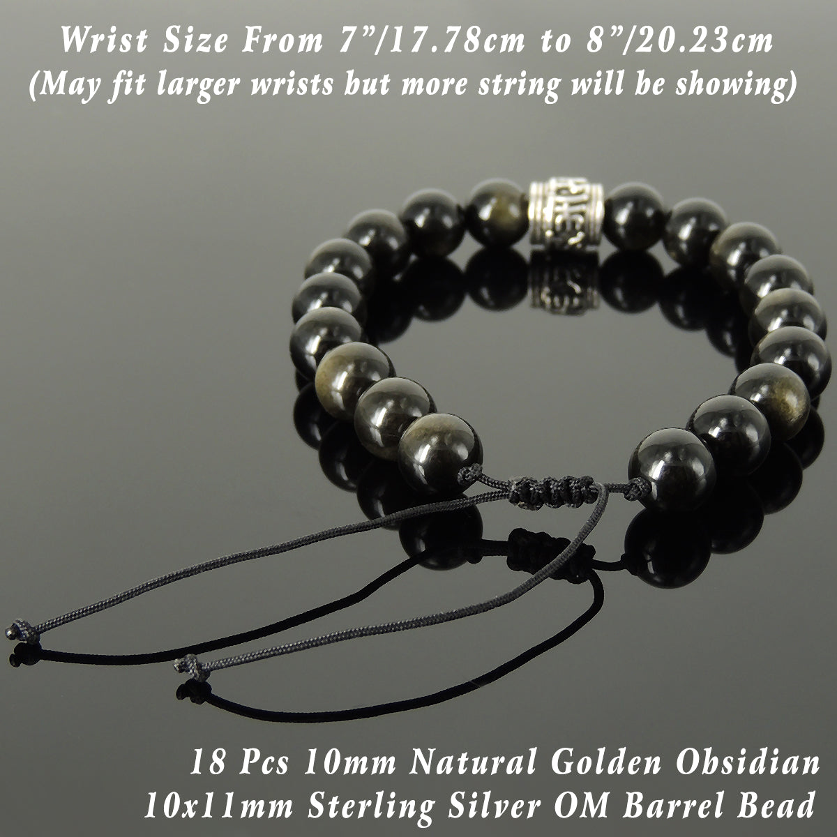 10mm Golden Obsidian Adjustable Braided Healing Gemstone Bracelet with S925 Sterling Silver Grounding Yogi Barrel Bead - Handmade by Gem & Silver BR1462