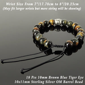 10mm Brown Blue Tiger Eye Adjustable Braided Healing Gemstone Bracelet with S925 Sterling Silver Grounding Yogi Barrel Bead - Handmade by Gem & Silver BR1463