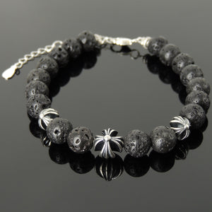 Handmade Spiritual Trinity Cross Clasp Bracelet with 8mm Lava Rock Grounding Fire Stones for Yoga Endurance with S925 Sterling Silver Parts - BR1466