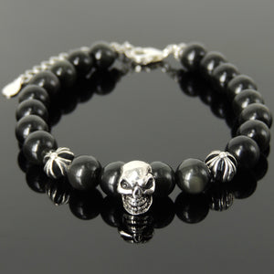 Handmade Spiritual Skull & Cross Clasp Bracelet with Healing 8mm Rainbow Black Obsidian Gemstones with Genuine S925 Sterling Silver Parts - BR1467