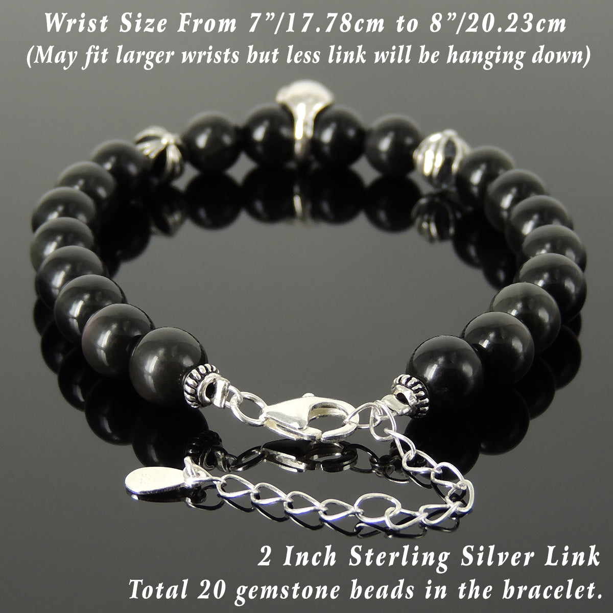 Handmade Spiritual Skull & Cross Clasp Bracelet with Healing 8mm Rainbow Black Obsidian Gemstones with Genuine S925 Sterling Silver Parts - BR1467