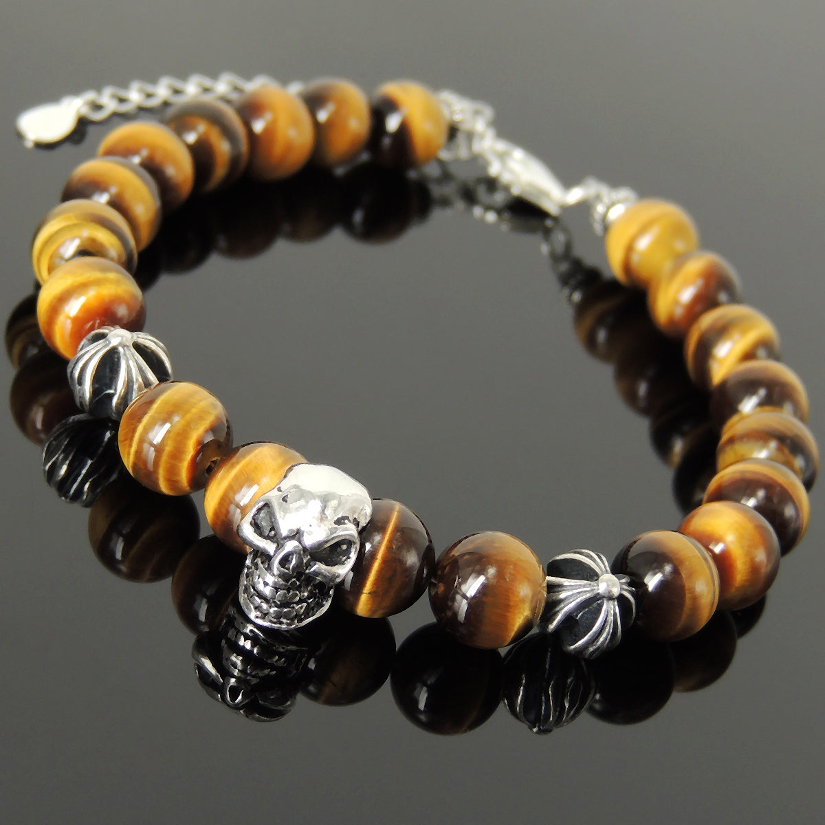 Handmade Spiritual Skull & Cross Clasp Bracelet with Healing 8mm Grade AAA Brown Tiger Eye Gemstones with Genuine S925 Sterling Silver Parts - BR1468