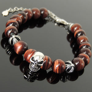 Handmade Spiritual Skull & Cross Clasp Bracelet with Healing 8mm Red Tiger Eye Gemstones with Genuine S925 Sterling Silver Parts - BR1469