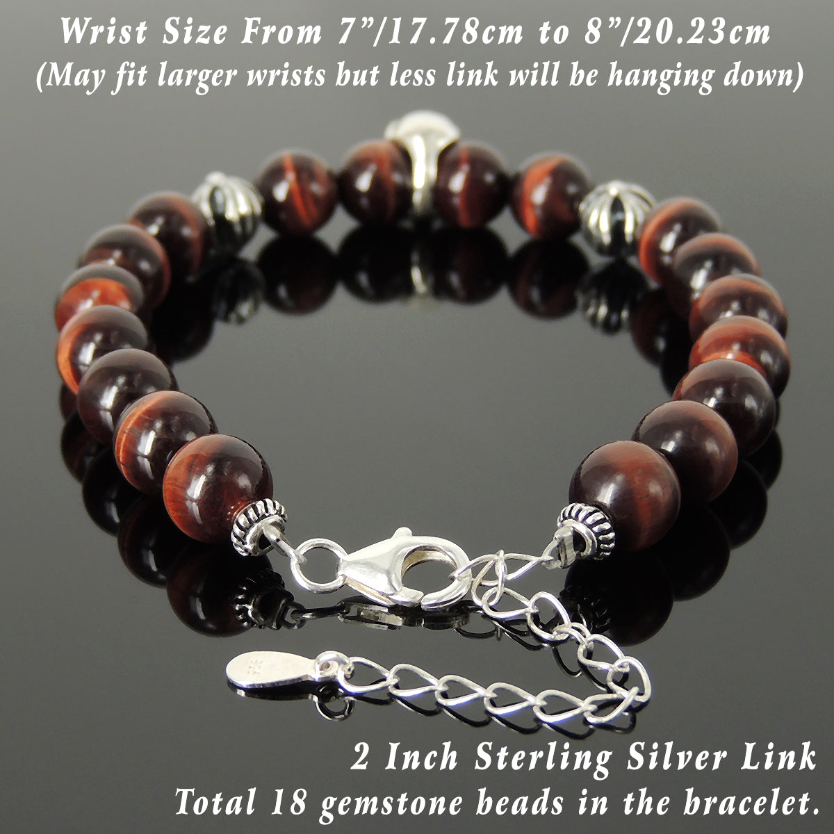 Handmade Spiritual Skull & Cross Clasp Bracelet with Healing 8mm Red Tiger Eye Gemstones with Genuine S925 Sterling Silver Parts - BR1469