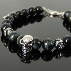 Handmade Spiritual Skull & Cross Clasp Bracelet with Healing 8mm Grade AAA Brown Blue Tiger Eye Gemstones with Genuine S925 Sterling Silver Parts - BR1470
