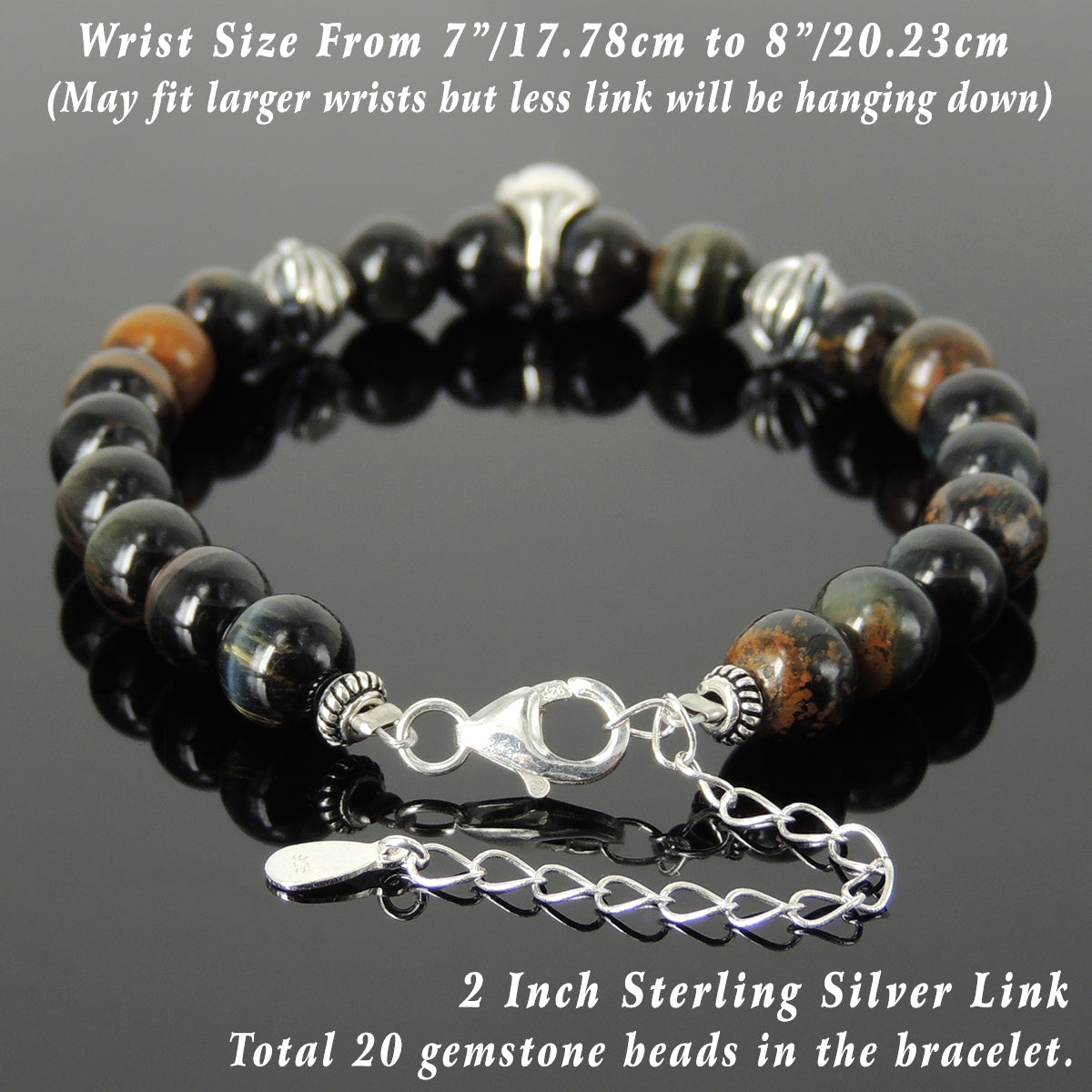 Handmade Spiritual Skull & Cross Clasp Bracelet with Healing 8mm Rare Mixed Blue Tiger Eye Gemstones with Genuine S925 Sterling Silver Parts - BR1471