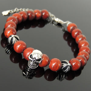 Handmade Spiritual Skull & Cross Clasp Bracelet with Healing 8mm Red Jasper Gemstones with Genuine S925 Sterling Silver Parts - BR1472