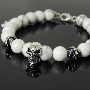 Handmade Spiritual Skull & Cross Clasp Bracelet with Healing 8mm White Howlite Gemstones with Genuine S925 Sterling Silver Parts - BR1473