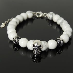 Handmade Spiritual Skull & Cross Clasp Bracelet with Healing 8mm White Howlite Gemstones with Genuine S925 Sterling Silver Parts - BR1473