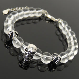 Handmade Spiritual Skull & Cross Clasp Bracelet with Healing 8mm White Crystal Quartz Gemstones with Genuine S925 Sterling Silver Parts - BR1474