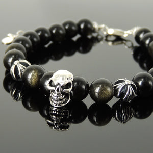 Handmade Spiritual Skull & Cross Clasp Bracelet with Healing Golden Obsidian 8mm Gemstones with Genuine S925 Sterling Silver Parts - BR1475