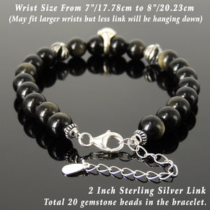 Handmade Spiritual Skull & Cross Clasp Bracelet with Healing Golden Obsidian 8mm Gemstones with Genuine S925 Sterling Silver Parts - BR1475