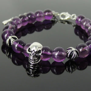 Handmade Spiritual Skull & Cross Clasp Bracelet with Healing Amethyst Crystal 8mm Gemstones with Genuine S925 Sterling Silver Parts - BR1476