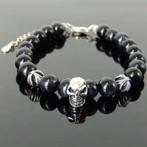 Spiritual Skull & Cross Clasp Bracelet with Healing Blue Tiger Eye 8mm Gemstones with Genuine S925 Sterling Silver Parts - BR1477