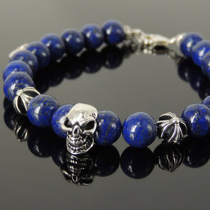Spiritual Skull & Cross Clasp Bracelet with Healing Lapis Lazuli 8mm Gemstones with Genuine S925 Sterling Silver Parts - BR1478