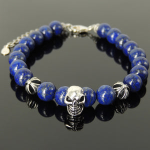Spiritual Skull & Cross Clasp Bracelet with Healing Lapis Lazuli 8mm Gemstones with Genuine S925 Sterling Silver Parts - BR1478