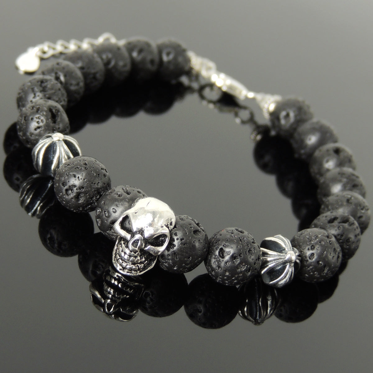 Spiritual Skull & Cross Clasp Bracelet with Healing Yoga Enhancement Lava Rock 8mm Stones with Genuine S925 Sterling Silver Parts - BR1479