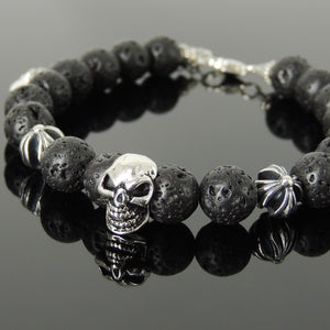 Spiritual Skull & Cross Clasp Bracelet with Healing Yoga Enhancement Lava Rock 8mm Stones with Genuine S925 Sterling Silver Parts - BR1479