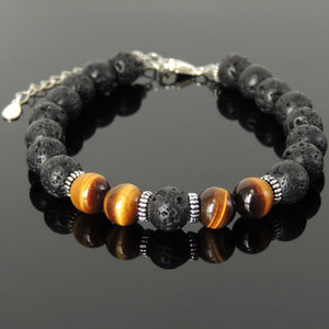 Handmade Tarot Practice Karma Bracelet with Healing Yoga Enhancement Lava Rock & Grade AAA Brown Tiger Eye 8mm Protection Stones, Genuine S925 Sterling Silver Parts - BR1480